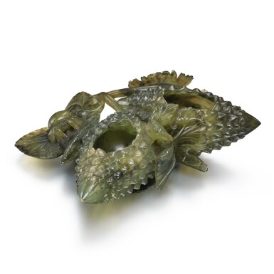 View full screen - View 1 of Lot 43. A serpentine 'balsam pear' group, Early 20th century | 二十世紀初 蛇紋石雕癩瓜形水丞.