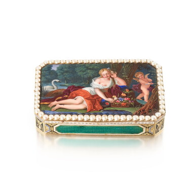 View full screen - View 1 of Lot 122. A Pearl-Set Gold and Enamel Snuff Box, Probably Guidon & Gide, Geneva, 1800-1801.