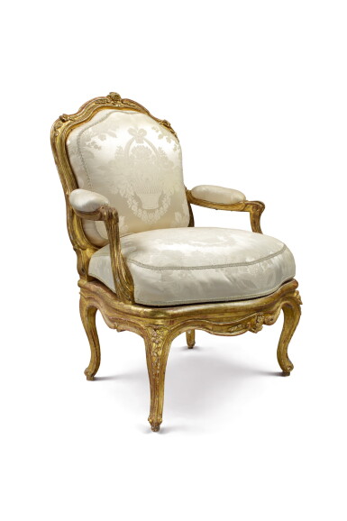 View full screen - View 1 of Lot 42. A Louis XV Giltwood Fauteuil à la Reine by Nicolas Heurtaut, Circa 1755.