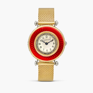 View full screen - View 1 of Lot 2461. Diabolo | A yellow gold, platinum, enamel and diamond-set lady’s wristwatch with bracelet, Circa 1909-10.