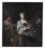MICHIEL VAN MUSSCHER | PORTRAIT OF A LADY, SEATED, WITH A DOG AND A MAID