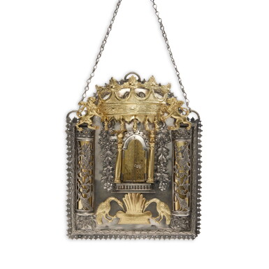 View full screen - View 1 of Lot 70. A Galician or Polish Parcel-Gilt Torah Shield, Script Maker's Mark Beturn?, Dated 1836.