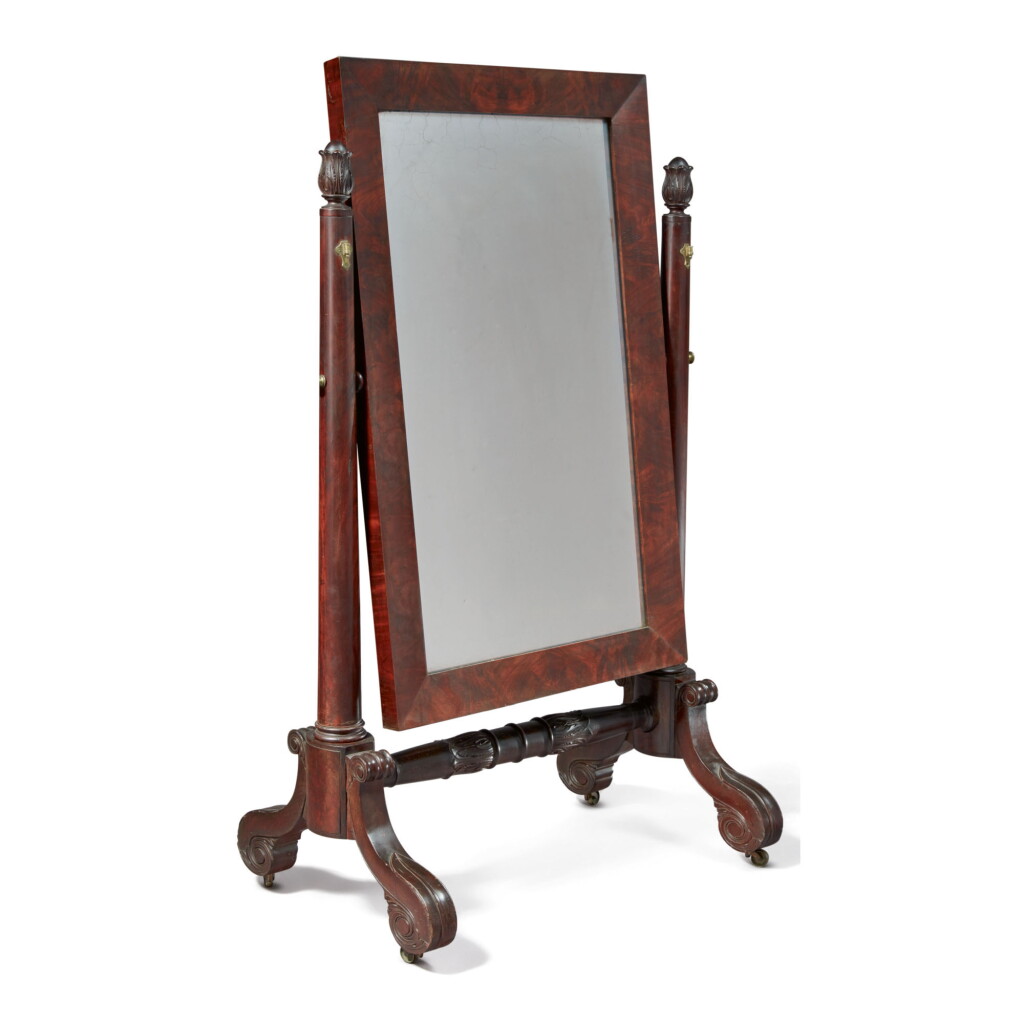 View full screen - View 1 of Lot 1747. VERY FINE AND RARE CLASSICAL CARVED AND FIGURED MAHOGANY CHEVAL MIRROR, BOSTON, MASSACHUSETTS, CIRCA 1828.