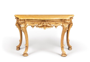 View full screen - View 1 of Lot 92. A gilt-wood console, Naples, mid 18th century | Console en bois doré et sculpté, Naples, milieu du XVIIIeme siècle.