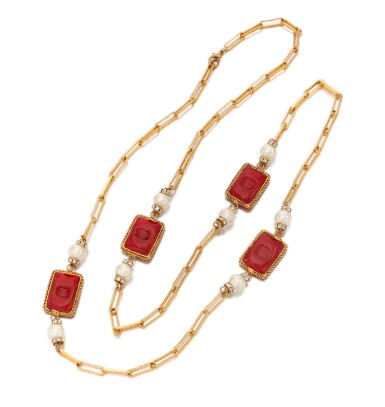 View full screen - View 1 of Lot 73. Long red gripoix, faux pearl and rhinestone necklace.