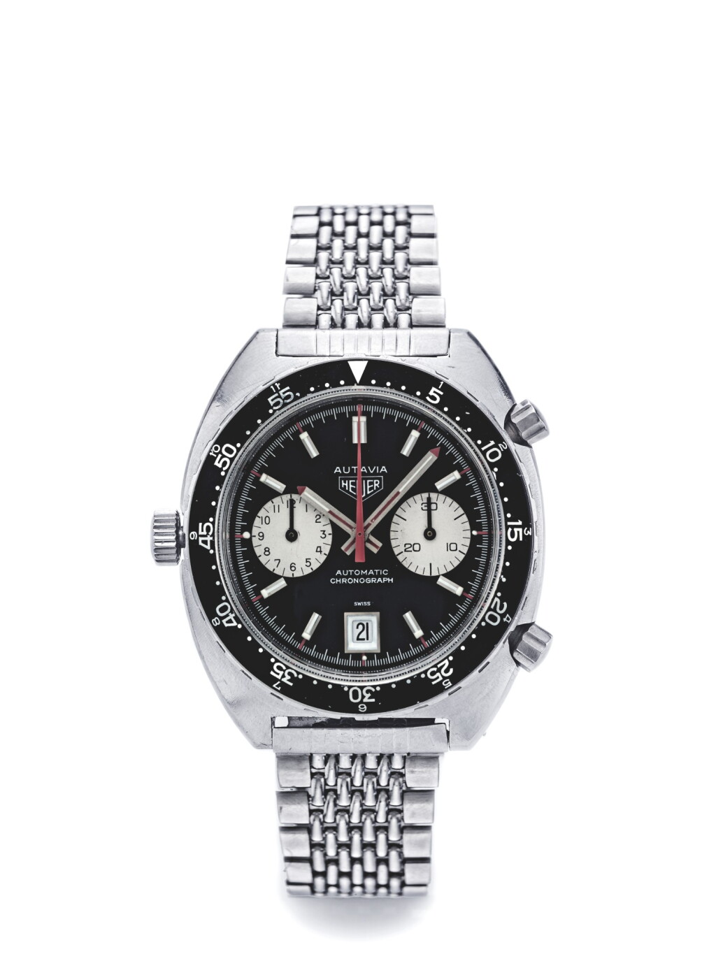 View full screen - View 1 of Lot 68. HEUER | REF 1163 AUTAVIA 'VICEROY', A STAINLESS STEEL CHRONOGRAPH WRISTWATCH WITH DATE AND BRACELET CIRCA 1975.
