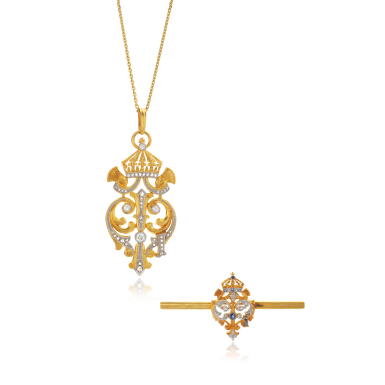 View full screen - View 1 of Lot 1041. Diamond presentation pendant and a brooch, early 20th century.