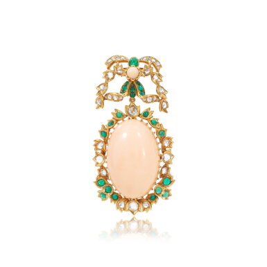 View full screen - View 1 of Lot 1114. Coral, emerald and diamond brooch, 1960s.