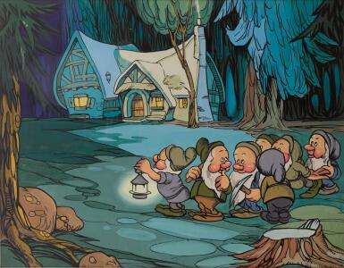 View full screen - View 1 of Lot 8. SNOW WHITE AND THE SEVEN DWARFS (1937) ORIGINAL ARTWORK, ‘DWARFS OUTSIDE COTTAGE AT NIGHT’, BRITISH.