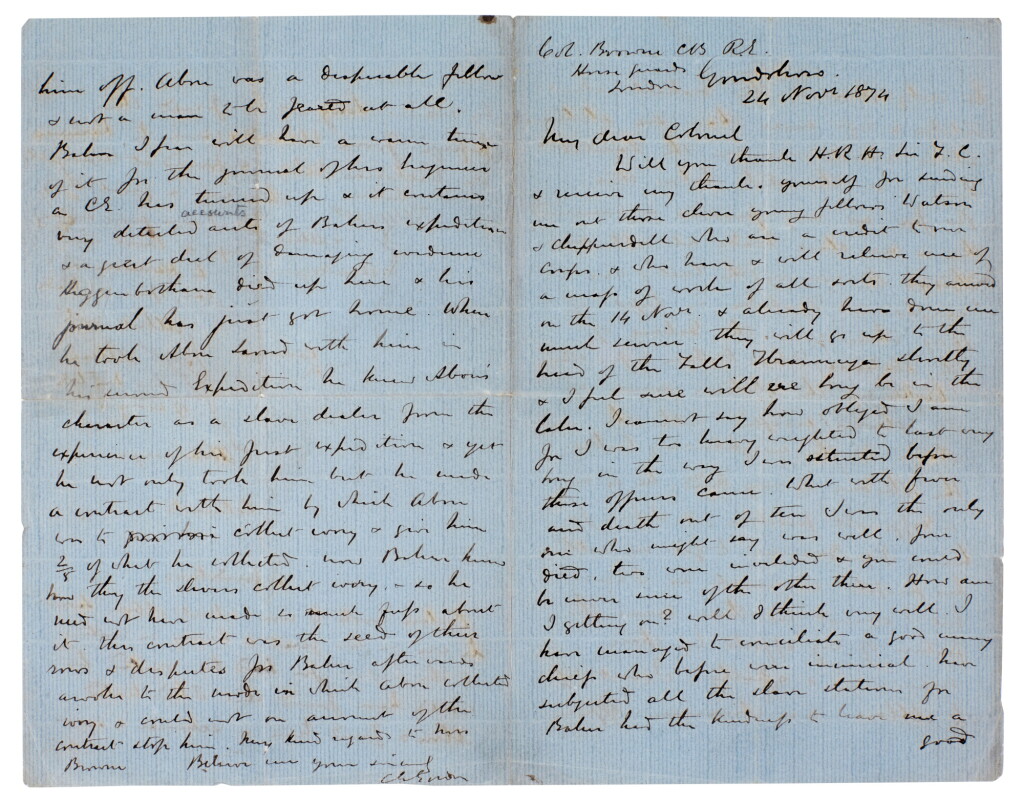 View full screen - View 1 of Lot 317. General C.G. Gordon | Autograph letter signed, to Col. Browne, with a sketch map of the upper Nile, 1874.