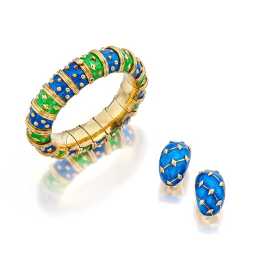 View full screen - View 1 of Lot 3. Gold and Enamel 'Dot Losange' Bracelet and Pair of Gold and Enamel Earclips, France.