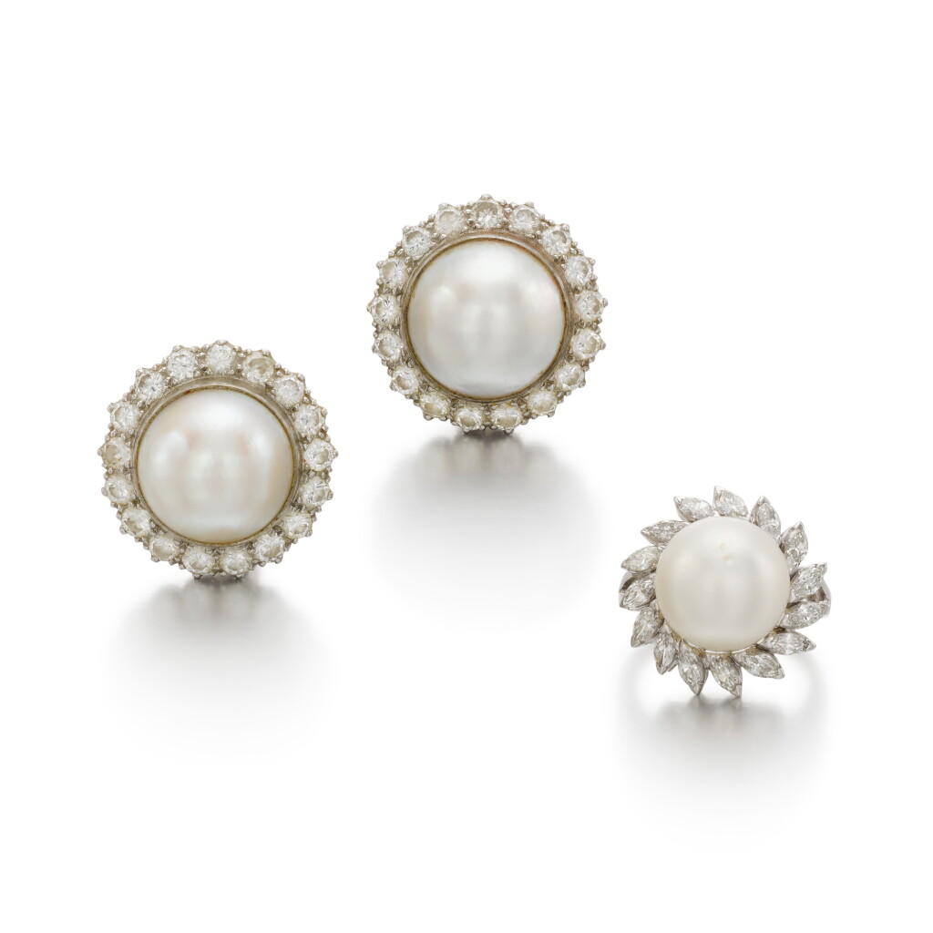 View full screen - View 1 of Lot 59. Cultured Pearl and Diamond Demi-Parure.