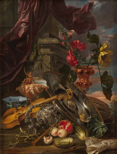 View full screen - View 1 of Lot 32. Still life with a violin, a recorder, a gilt nautilus cup, a silver ewer, a silver charger and other precious objects, in a garden landscape with cucumbers, peaches and other fruit.