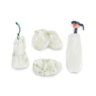 View full screen - View 1 of Lot 537. A group of four jade pendants, Qing dynasty 清 玉葫蘆、瓜瓞綿綿、童子及蟬珮一組四件.