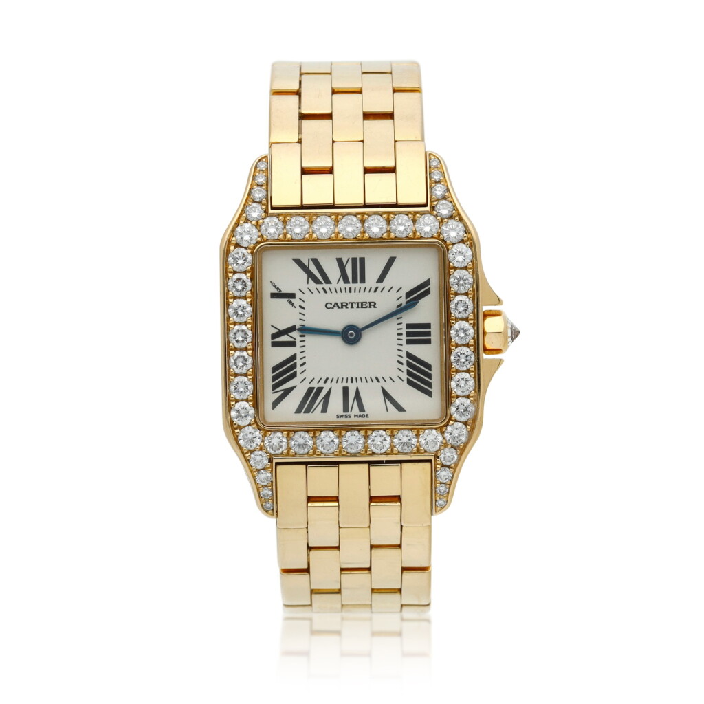 View full screen - View 1 of Lot 22. Reference 2702 Santos Demoiselle A yellow gold and diamond-set square shaped wristwatch with bracelet, Circa 2000 .