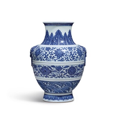 View full screen - View 1 of Lot 77. A fine blue and white 'floral' vase, Seal mark and period of Qianlong | 清乾隆 青花纏枝花卉紋鋪首耳尊 《大清乾隆年製》款.