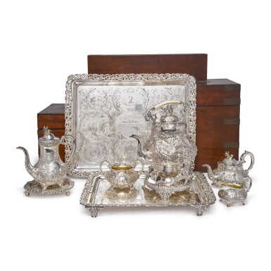 View full screen - View 1 of Lot 256. A VICTORIAN SILVER FIVE-PIECE TEA SET WITH THREE SILVER-PLATED TRAYS, GEORGE RICHMOND COLLIS, BIRMINGHAM, 1846 AND CIRCA.
