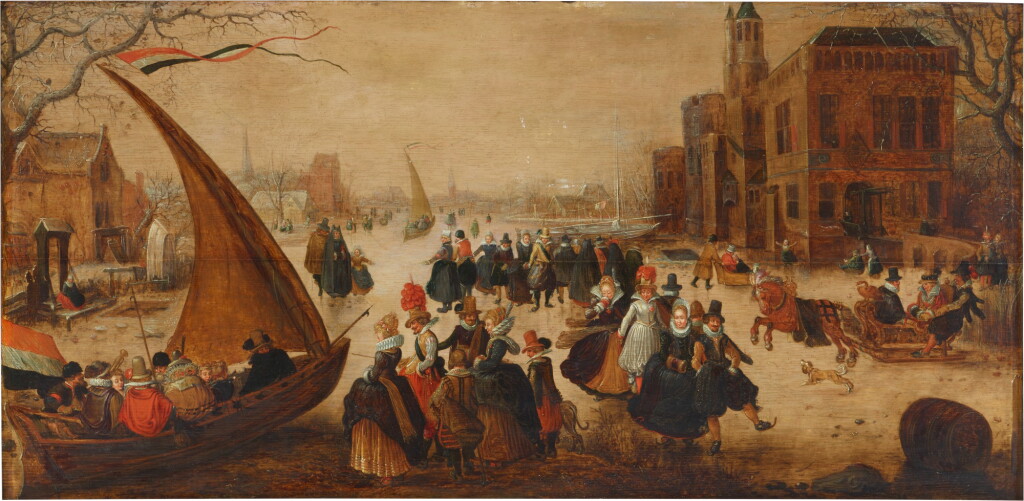 View full screen - View 1 of Lot 1. Winter landscape with numerous elegantly-dressed figures skating on a frozen river, with an ice yacht.