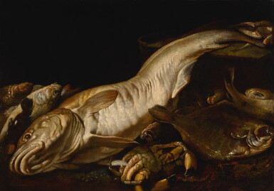 View full screen - View 1 of Lot 10. ATTRIBUTED TO GIUSEPPE RECCO | STILL LIFE WITH A FORKHEAD HAKE, SEA BASS, CRAB AND OTHER FISH.