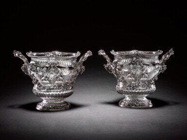 View full screen - View 1 of Lot 12. Royal: An important pair of George III silver wine coolers, Parker & Wakelin, London, 1763, after a design by Pierre Germain.