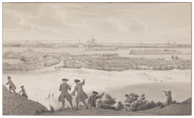 View full screen - View 1 of Lot 357. A view of Haarlem seen from 'De Blinkert' in the Dunes, with a draughtsman and other gentlemen in the foreground.