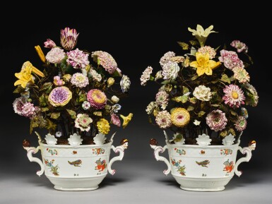 View full screen - View 1 of Lot 94. A RARE PAIR OF MEISSEN OVAL MONTEITHS MOUNTED WITH ARRANGEMENTS OF TÔLE-PEINTE AND PORCELAIN FLOWERS, THE MONTEITHS CIRCA 1740, THE TÔLE-PEINTE AND PORCELAIN FLOWERS 18TH CENTURY AND LATER.