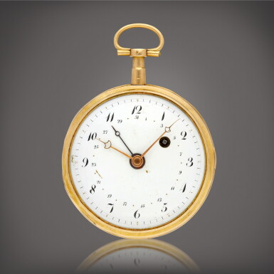 View full screen - View 1 of Lot 8802. A yellow gold open face watch with date and enamel dial, Circa 1800 | 瑞士製 | 黃金懷錶,備日期及琺瑯錶盤,約1800年製.