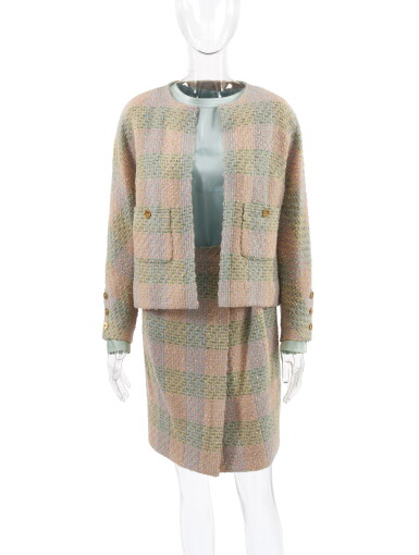 View full screen - View 1 of Lot 124. CHANEL | MULTICOLOR WOOL TWEED SKIRT SUIT AND SILK BLOUSE.