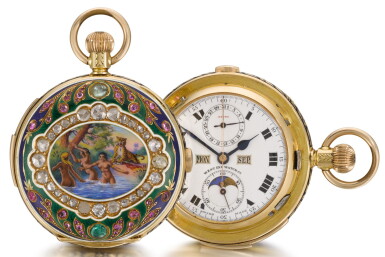 View full screen - View 1 of Lot 229. WEST END WATCH CO. | A GOLD, ENAMEL, DIAMOND, RUBY AND EMERALD-SET HALF-HUNTING CASED MINUTE REPEATING CHRONOGRAPH WATCH WITH CALENDAR AND MOON-PHASES | CIRCA 1910.