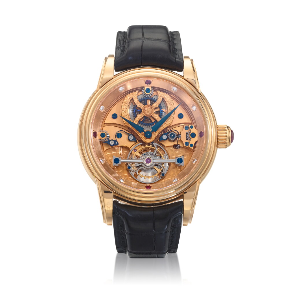 View full screen - View 1 of Lot 89. Piece Unique - Tourbillon de la Roche, A unique pink gold, diamond and ruby-set skeletonized tourbillon wristwatch, Made in 2005 Piece Unique - Tourbillon de la Roche 獨特粉紅金、鑽石及紅寶石鏤空陀飛輪腕錶,約2005年製.