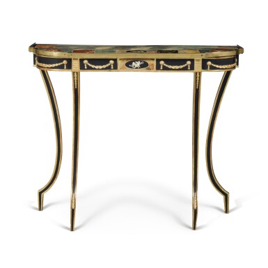 View full screen - View 1 of Lot 435. A Late George III Brass Mounted Black Painted and Faux Marble Console Table, Circa 1800 and Later.