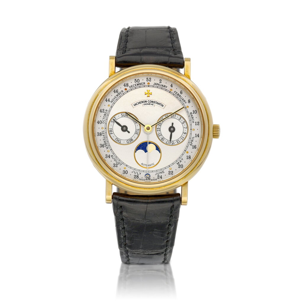 View full screen - View 1 of Lot 8871. Reference 47052 | A yellow gold triple calendar wristwatch with day, date, moon phases and 52 weeks indication, Circa 1990 | 江詩丹頓 | 型號47052 | 黃金全日曆腕錶,備日期、星期、月相及52週顯示,約1990年製.
