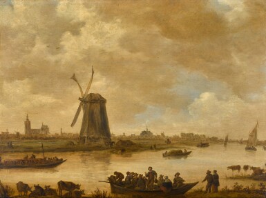 View full screen - View 1 of Lot 448. A view of The Hague from the south-east, seen from across a canal, with a trekschuit to the left, a windmill in the centre, and a merry company in a rowingboat in the foreground.