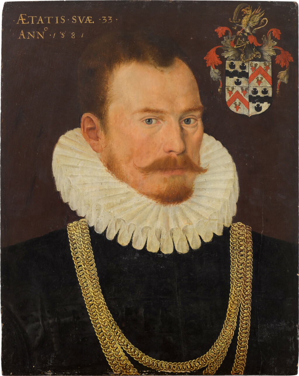 View full screen - View 1 of Lot 110. Portrait of Stephen Beckingham (c. 1550–1611) of Tolleshunt Major, Essex, bust-length, with a white ruff and three gold chains.