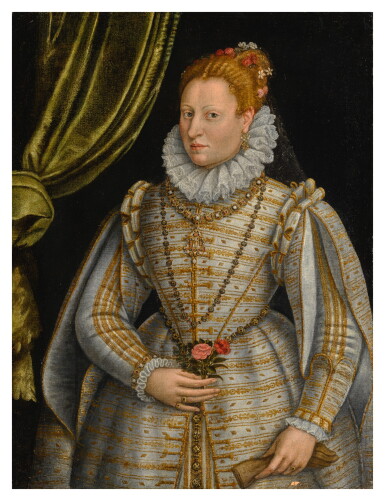 View full screen - View 1 of Lot 17. LAVINIA FONTANA | PORTRAIT OF A LADY, THREE-QUARTER LENGTH, DRESSED IN A WHITE AND GOLD EMBROIDERED GOWN, HOLDING A GLOVE IN ONE HAND AND A ROSE AND A PINK IN THE OTHER.