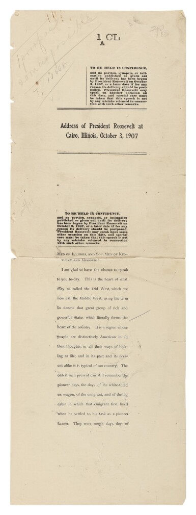 View full screen - View 1 of Lot 32. THEODORE ROOSEVELT | Roosevelt addresses a crowd at Cairo, Illinois, about international and domestic affairs, and governmental regulation on the eve of Panic of 1907.