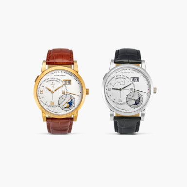 View full screen - View 1 of Lot 2375. Grand Lange 1 "Luna Mundi", References 119.026 and 119.032 | A limited edition set of two white gold and pink gold wristwatches with date, moon phases and power reserve indication, Circa 2005.