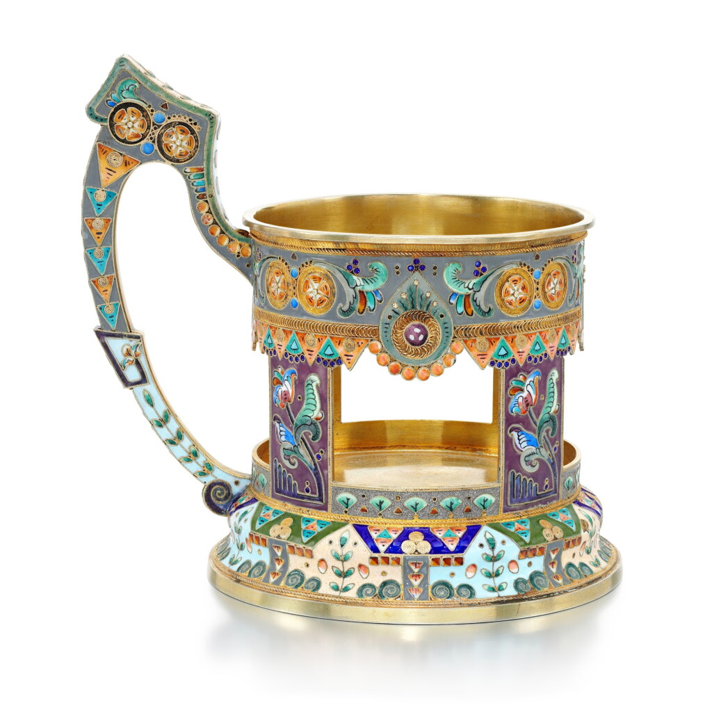View full screen - View 1 of Lot 117. A SILVER-GILT AND CLOISONNÉ ENAMEL TEA GLASS HOLDER, ADRIAN IVANOV, MOSCOW, 1908-1917.