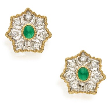View full screen - View 1 of Lot 328. PAIR OF EMERALD AND DIAMOND EARCLIPS, BUCCELLATI .