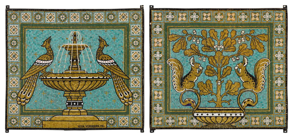 View full screen - View 1 of Lot 134. Two German mosaic panels by Wilhelm Wiegmann (1851-1920), late 19th century/early 20th century.