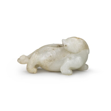 View full screen - View 1 of Lot 55. A white jade 'mythical beast' waterpot Probably Song dynasty | 或宋 白玉瑞獸形水盂.