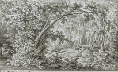 View full screen - View 1 of Lot 829. A hunter and his dog looking towards an ensnared bird approached by a wolf.
