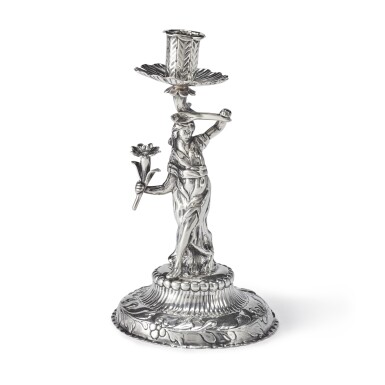 View full screen - View 1 of Lot 347. A GEORGE III SILVER FIGURAL TAPERSTICK, JOHN SCHUPPE, LONDON, 1765.
