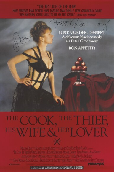 View full screen - View 1 of Lot 148. THE COOK, THE THIEF, HIS WIFE AND HER LOVER (1989) 1990 FIRST AMERICAN RELEASE POSTER, SIGNED BY HELEN MIRREN AND PETER GREENAWAY.