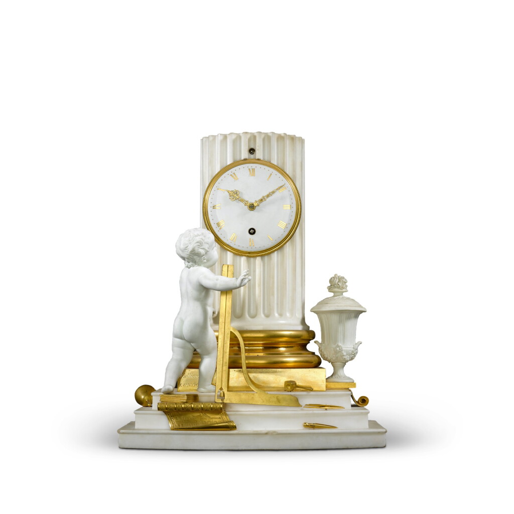 View full screen - View 1 of Lot 47. A George III ormolu-mounted white marble and Derby biscuit porcelain mantel timepiece, Benjamin Vulliamy, London, dated 1787.