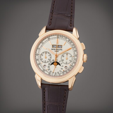 View full screen - View 1 of Lot 365. Reference 5270R-001 | A pink gold perpetual calendar wristwatch with moon phases, day/night function, and leap year indication, Circa 2021.