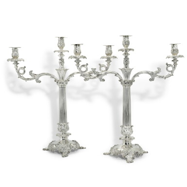 View full screen - View 1 of Lot 160. A pair of William IV silver three-light candelabra, Paul Storr, London, 1835.