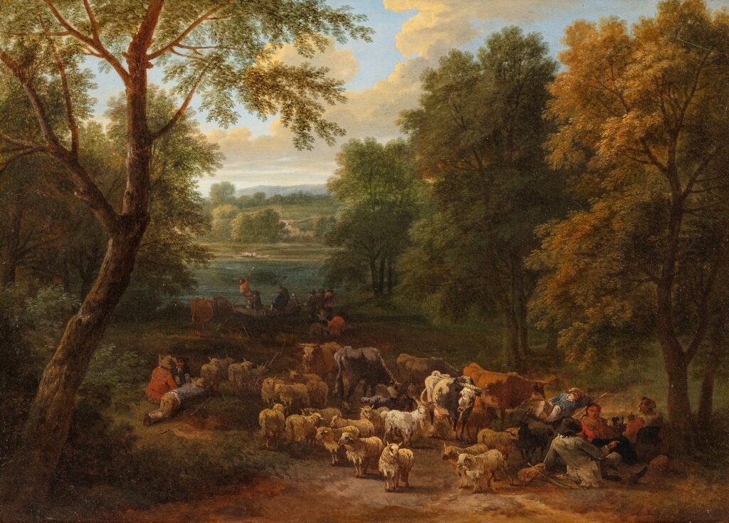 View full screen - View 1 of Lot 114. Wooded landscape with shepherds resting with their cattle.