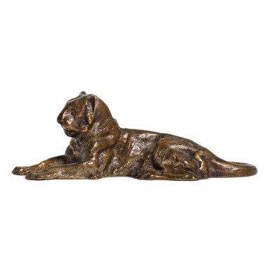View full screen - View 1 of Lot 97. A small patinated bronze paperweight in the form of a Tiger by Tiffany Studios New York, early 20th century.