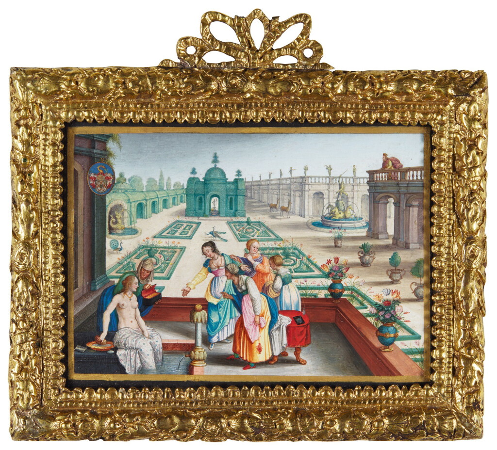 View full screen - View 1 of Lot 1. STRASBOURG SCHOOL, 16TH CENTURY | BATHESBA AND DAVID IN THE ROYAL GARDEN.